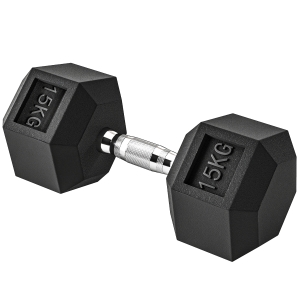 HOMCOM hexagon dumbbell gietijzeren dumbbell rubberen dumbbell handvat gekartelde gewichten metaal rubber zwart 1 x 15 KG