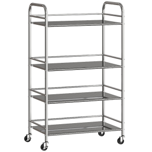 HOMCOM Carrito Auxiliar con Ruedas de Acero Inoxidable Carro de Servicio de 4 Niveles con Estante Ajustable 60x35x100 cm Plata