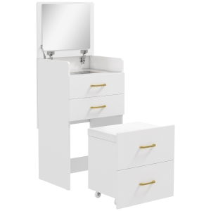 HOMCOM Toucador de Maquilhagem 3 em 1 com Banco Mesa de Maquilhagem com Espelho Gavetas e Bancada de Vidro Visível Toucador Moderno para Quarto 48x40x90 cm Branco