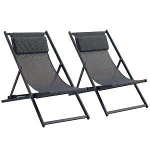 Outsunny Conjunto de 2 Espreguiçadeiras Dobráveis de Alumínio com Encosto Ajustável em 5 Posições e Apoio de Cabeça 60x100x85 cm Cinzento
