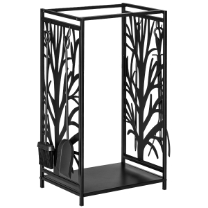 HOMCOM Kaminholzregal für innen Stahl 46 x 30 x 70cm Brennholzregal mit 4 Kaminwerkzeug Haken Kaminbesteck Set Kaminholzständer für Kamin Ofen Feuerholzregal Kaminholzhalter für Feuerholz, Schwarz