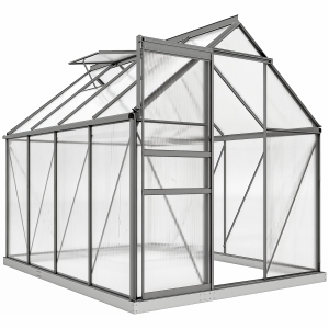 Outsunny Serre de jardin en polycarbonate 4,8 m²avec fondation, lucarne réglable, porte coulissante 1,9x2,53x1,99m transparent