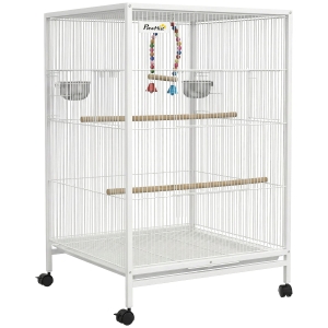 PawHut Gaiola para Pássaros com Rodas Poleiros Baloiço Bandeja Removível e Tigelas de Aço Inoxidável 48x46x78 cm Branco