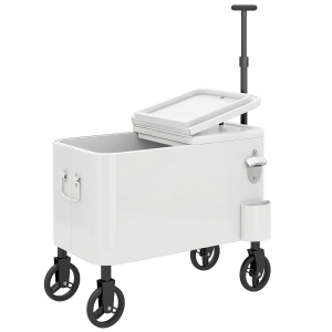 Outsunny Carro Frigorífico de 56L com Rodas Pega Ajustável Abre-garrafas Recolhe-tampas Dreno 75x35x120 cm Branco