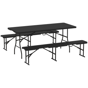 Outsunny Picknicktisch und Bänke, 3-teiliges Set, faltbar, Kunststoff, Metall, Schwarz