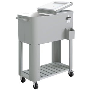 Outsunny Carrinho Refrigerador de 76L com Rodas Prateleira Abre-Garrafas Coletor de Tampas Dreno e 2 Alças para Pátio Festa 92x39x81 cm Prata