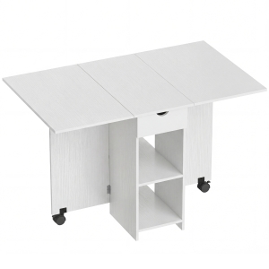 HOMCOM Mesa de Cozinha Dobrável com Rodas, Abas Rebatíveis, Gaveta e Prateleiras para 2-4 Pessoas 120x72x75 cm Branco