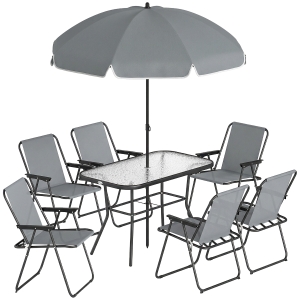 Outsunny Conjunto de Mesa e Cadeiras de Jardim de 8 Peças com Chapéu de Sol 6 Cadeiras Dobráveis e Mesa de Vidro Cinza
