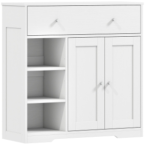 HOMCOM Armário de Casa de Banho Estreito com Gaveta, 2 Portas e 3 Prateleiras Abertas, 80x30x80,2 cm, Branco Texturado