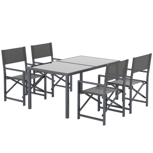 Outsunny Sitzgruppe 5-teilig Essgruppe Stahl für 4 Personen Esstisch mit 4 klappbar Stühlen Glastisch Grau