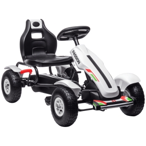 HOMCOM Kart cu Pedale pentru Copii, Plimbare Copii pe Masina de Curse cu Scaun Reglabil, Anvelope de Cauciuc Gonflabile, Frana de Mana, pentru Baieti si Fete cu Varsta Cuprinsa intre 5-12 ani, Alb