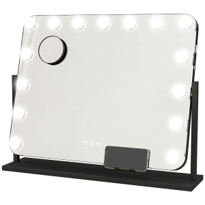 HOMCOM Espelho de Maquilhagem Estilo Hollywood com Luzes Espelho de Toucador Giratório com 14 Lâmpadas LED e Entrada USB 62,5x14x49,5 cm Preto