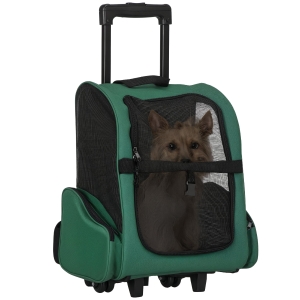 PawHut Transportín 2 en 1 para Mascotas Mochila o Carrito de Viaje para Perro y Gato con 2 Ruedas con Asa retráctil de Aluminio y Bolsillos 42x25x55 cm Verde