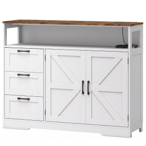 HOMCOM Sideboard Cabinet with Power Outlet, Farmhouse Kitchen Cabinet with 3 Drawers and Open Shelf, White