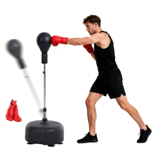 HOMCOM Saco de Boxeo de Pie con Altura Ajustable en 136-154 cm y Base Rellenable Pera de Boxeo con Soporte y Guantes Negro