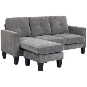 HOMCOM Sofá Chaise Longue Sofá em Forma de L Estofado em Poliéster Sofá de Canto Reversível 186x130x84 cm Cinzento Escuro