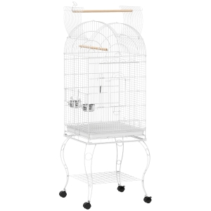 PawHut Gaiola para Pássaros com Rodas e Estante 51x51x153 cm com Parte Superior Rebatível Comedouros e Bandeja Removível Branco