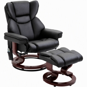 HOMCOM Fotoliu Relax cu Taburet Suport pentru Picioare și Funcție de Masaj, Rabatabil la 145° și Rotativ la 360°, Negru