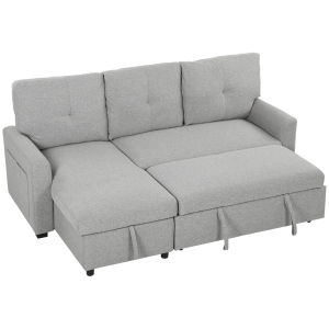 HOMCOM Canapea extensibilă 3 locuri cu șezlong convertibil, spațiu de depozitare, 3 perne, material cu efect de in, gri