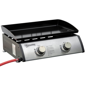 Outsunny Gas Plancha Barbecue Grill with 2 Stainless Steel Burner, 5kW, Portable Tabletop Gas BBQ with Non-Stick Griddle for Camping Picnic Garden Party Festival