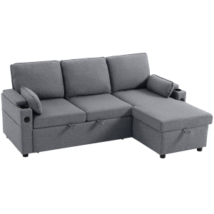 HOMCOM Corner Sofa Bed, L Shaped Sleeper Sectional Sofa with Reversible Storage Chaise, Grey