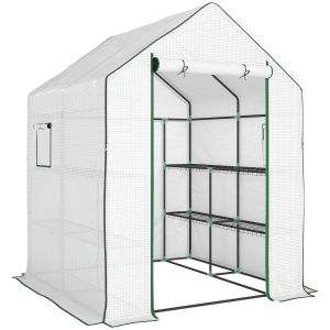 Outsunny Invernadero de Exterior con 6 Estantes Puerta Enrollable Cubierta de PE y Marco de Acero 140x143x190 cm Blanco