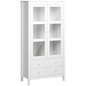 HOMCOM Vitrina de Salón Aparador de Cocina con 2 Puertas de Vidrio 3 Estantes 2 Cajones para Comedor Oficina 80x40x160cm Blanco