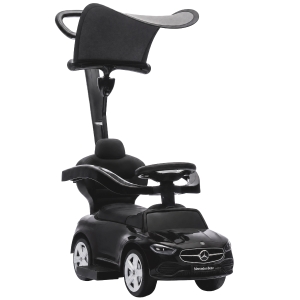 AIYAPLAY 3-in-1 Mercedes-Benz loopauto met duwstang, stuur, claxon, muziek, dak en opbergruimte, zwart