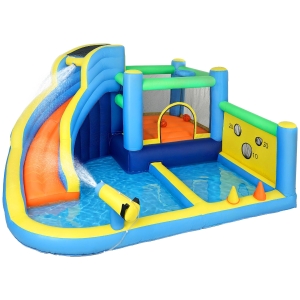 AIYAPLAY Castillo Hinchable Acuático 8 en 1 con Soplador 550W Tobogán Trampolín Escalada Piscinas Canasta Lanzamiento de Aros