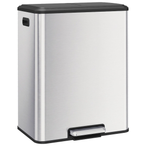 HOMCOM Lixeira Cozinha 2x30 L Lixeira a Pedal em Aço Inox com Baldes Removíveis e Tampa com Fechamento Fechamento Suave Prata