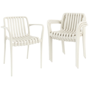 Outsunny Gartenstühle 4er Set Stapelbare Terrassenstühle mit Lamelldesign Armlehnen, Ergonomisch Cremeweiß