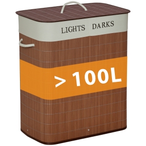 HOMCOM Cesto para Ropa Sucia de Bambú Capacidad de 100L Cesta para la Colada Rectangular con Tapa Extraíble Bolsa de 2 Compartimentos 52x32x63 cm Marrón