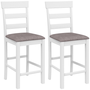 HOMCOM Conjunto de 2 Bancos de Bar, Cadeiras de Bar em Madeira Maciça com Assento Acolchoado Efeito Linho e Encosto, Branco e Castanho
