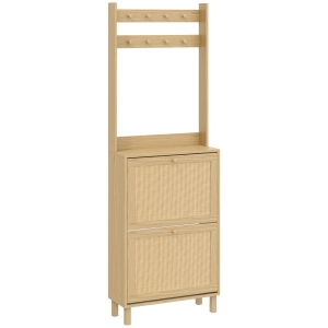 HOMCOM Bengaleiro Sapateira com 2 Gavetas Basculantes, Portas em Rattan, 8 Ganchos, Prateleira Superior e Estrutura em Madeira Natural