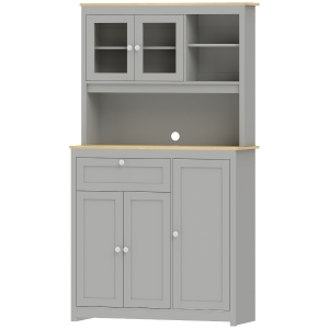 HOMCOM Voorraadkast met open werkblad en kabeldoorvoer, keukenbuffet met glazen deuren, grijs, 180 cm