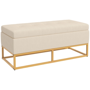 HOMCOM Sitzbank mit Stauraum, dekorative Knopfheftung, Flanelloptik, goldfarbene Stahlbeine, 110 x 47 x 46,5 cm