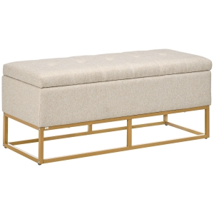 HOMCOM Banqueta con Almacenamiento Banco Rectangular Tapizado en Lino con Tapa Abatible y Patas de Acero 110x44x48 cm Beige