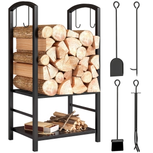 Outsunny Estante de Leña para chimenea Soporte para Leña de 2 Niveles Leñero Exterior e Interior Metálico con 4 Herramientas para Chimenea Carga Máx.100 kg 40x30x74,5 cm Negro