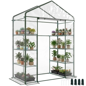 Outsunny Walk in Greenhouse with 4-Tier 8 Shelves, Green House with Hemmed Cover, Roll-up Zipped Door, Steel Frame, 143 x 73 x 195cm