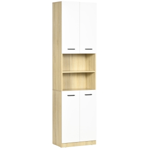 kleankin Armario Alto de Baño con 4 Puertas 2 Estantes Abiertos y Estantes Ajustables 53x33,5x195,7 cm Blanco y Roble
