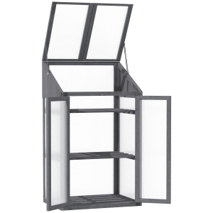 Outsunny Kweekbak Kleine Houten Kas met Ramen Dubbele Deur 3 Planken 70x50x120 Tuin Grijs