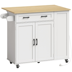 HOMCOM Isla de Cocina con Ruedas, Encimera Extensible Estación de Carga Compartimento para Cubo Estantes en las Puertas Blanco