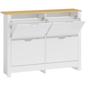 HOMCOM Smalle Schoenenkast met 4 Klapvakken voor 8–16 Paar Schoenen, 105 x 26 x 80 cm, Wit + Natuurlijk hout