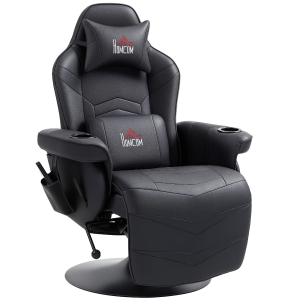 HOMCOM Gamingsessel, Massagefunktion, neigbare Lehne, Fußstütze, bis 120 kg, Stahlrahmen, Kunstleder, Schwarz