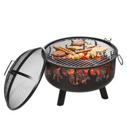 Outsunny Outdoor 2-In-1 Round Fire Pit with Lid, Grill, Poker, Handles, Metal Firepit Bowl for Backyard, Camping, BBQ, Bonfire, Wood Burning Stove, 61.5 x 61.5 x 52cm, Black