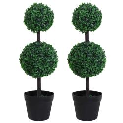Outsunny Set of 2 Artificial Boxwood Ball Topiary Trees, 67cm Fake Plants in Pot for Outdoor and Indoor Décor