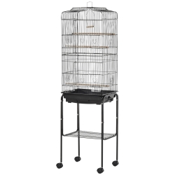 PawHut Gaiola para Passáros com Suporte Gaiola Metálica de Aves Canários com 4 Rodas Portas 4 Comedouros 3 Poleiros Bandeja Removível e Prateleira Inferior 46,5x36x157cm Preto