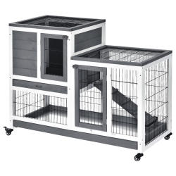 PawHut Coelheira de Madeira Interior com Rodas Gaiola para Coelhos Animais Pequenos de 2 Pisos com Zona Aberta Rampa e 2 Bandejas Removíveis 110x50x86cm Cinza