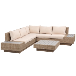 Outsunny Set Living de Gradina din Rattan, 4 Piese, Coltar pentru Exterior cu Perne, Masute Laterale si Masuta de Cafea, Maro Deschis