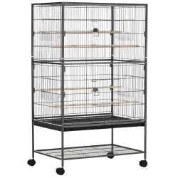 PawHut Cusca pentru Pasari de Interior din Otel si Lemn cu Tavă Detasabila, 4 Roți, Trepied si Recipient pentru Alimente, 78x52x132cm, Gri Inchis